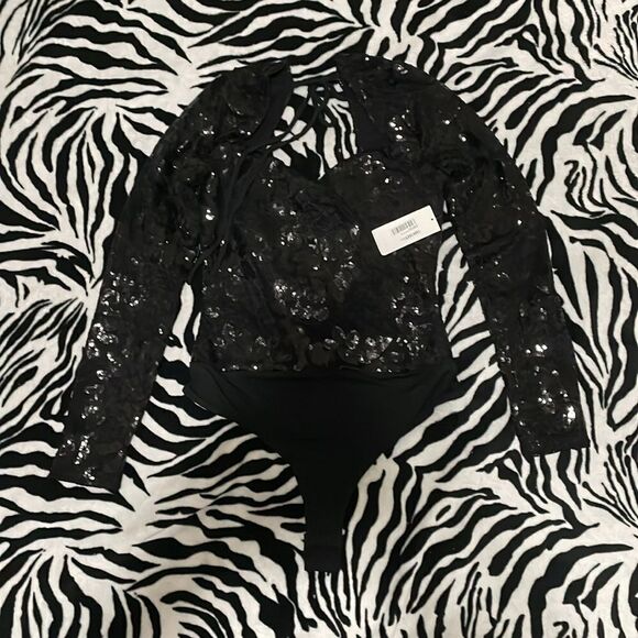 Fore black sequins sweetheart long sleeve bodysuit Onsie open keyhole tie back - Picture 6 of 11
